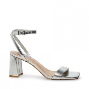 Women Steve Madden Luxe Square Toe Block Heels Silver | 9081476-GC