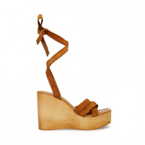 Women Steve Madden Maristella Lace Up Wood Wedge Platforms Brown | 9285417-BP