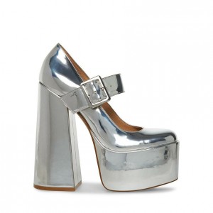 Women Steve Madden Plaza Mary Jane Block Platforms Silver | 9135760-FA