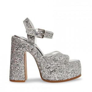 Women Steve Madden Sweets Glitter Block Platforms Silver | 0916284-JF