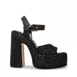 Women Steve Madden Sweets Glitter Block Platforms Black | 3279156-ZN