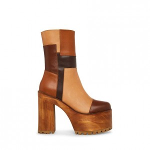Women Steve Madden Tonic Patchwork Wood Platforms Brown Multicolor | 2436185-MV