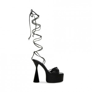Women Steve Madden Yasmyn Lace Up Strappy Platforms Black | 2980475-JN